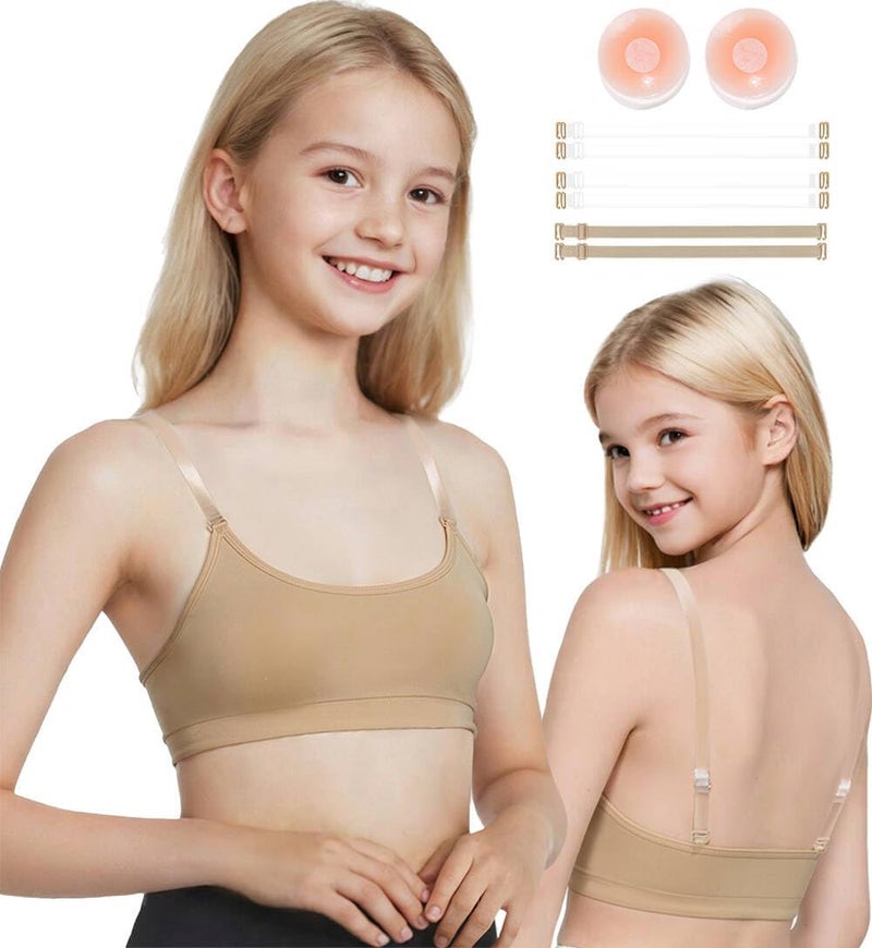 DANSHOW Girls Dance Bra Seamsless Nude Bras for Teens Girl with 2 Pairs of Clear Straps, Silicone Pads - Image 1